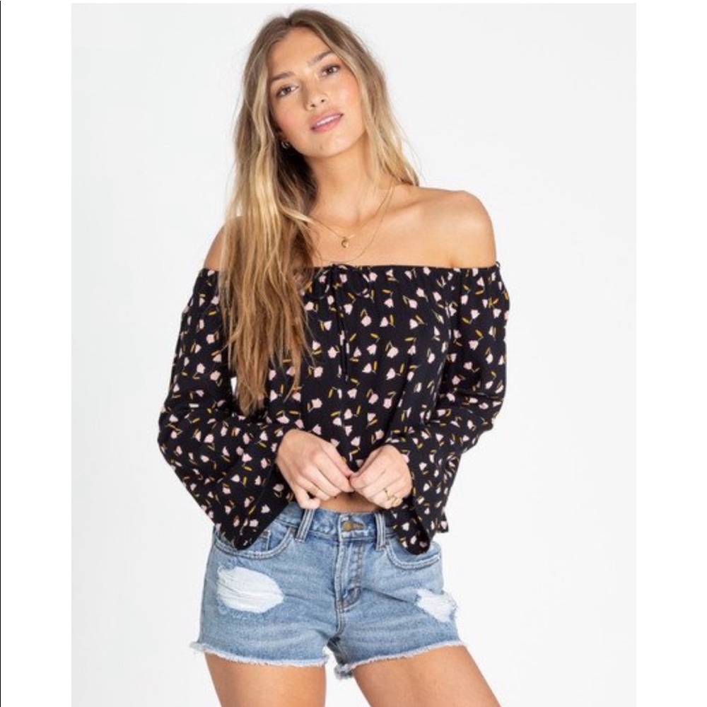 Billabong Light it Up Off the Shoulder Top Black Floral Medium